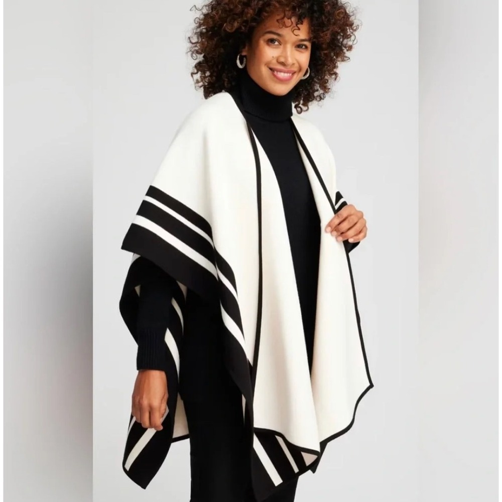 Chico's Stripe Border Ruana Women S/M Cream Black New Open Front Wrap Poncho